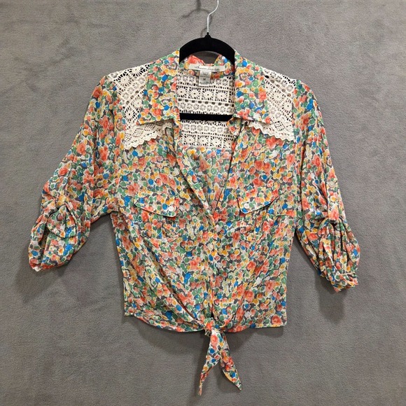 American Rag Cie Tops - American Rag Cie Blouse Womens Medium‎ Crochet Boho Floral Crew Tie Front